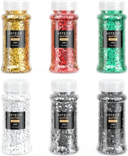 Arteza Chunky Glitter Set, 6 x 2-oz Bottles, Jewel-Toned Glitter