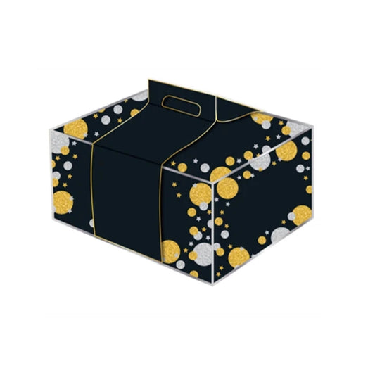 Cake Box with Handle Sleeve in Black with Gold and Silver Design