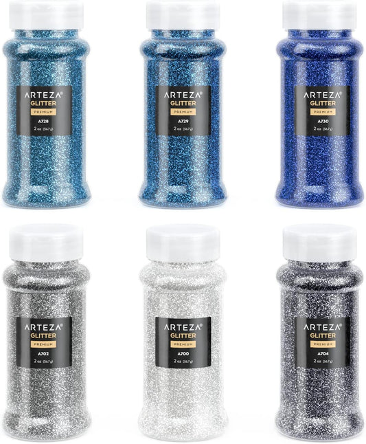 Arteza Fine Glitter Set, 6 x 2-oz Bottles, Ocean-Toned Glitter