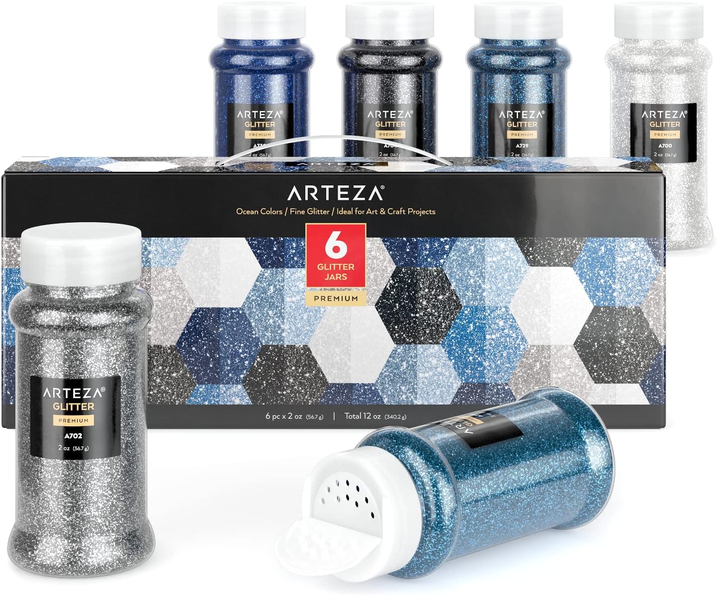 Arteza Fine Glitter Set, 6 x 2-oz Bottles, Ocean-Toned Glitter