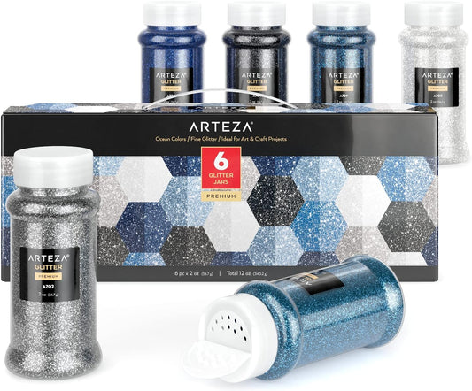 Arteza Fine Glitter Set, 6 x 2-oz Bottles, Ocean-Toned Glitter