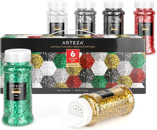 Arteza Chunky Glitter Set, 6 x 2-oz Bottles, Jewel-Toned Glitter