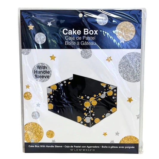 Cake Box with Handle Sleeve in Black with Gold and Silver Design