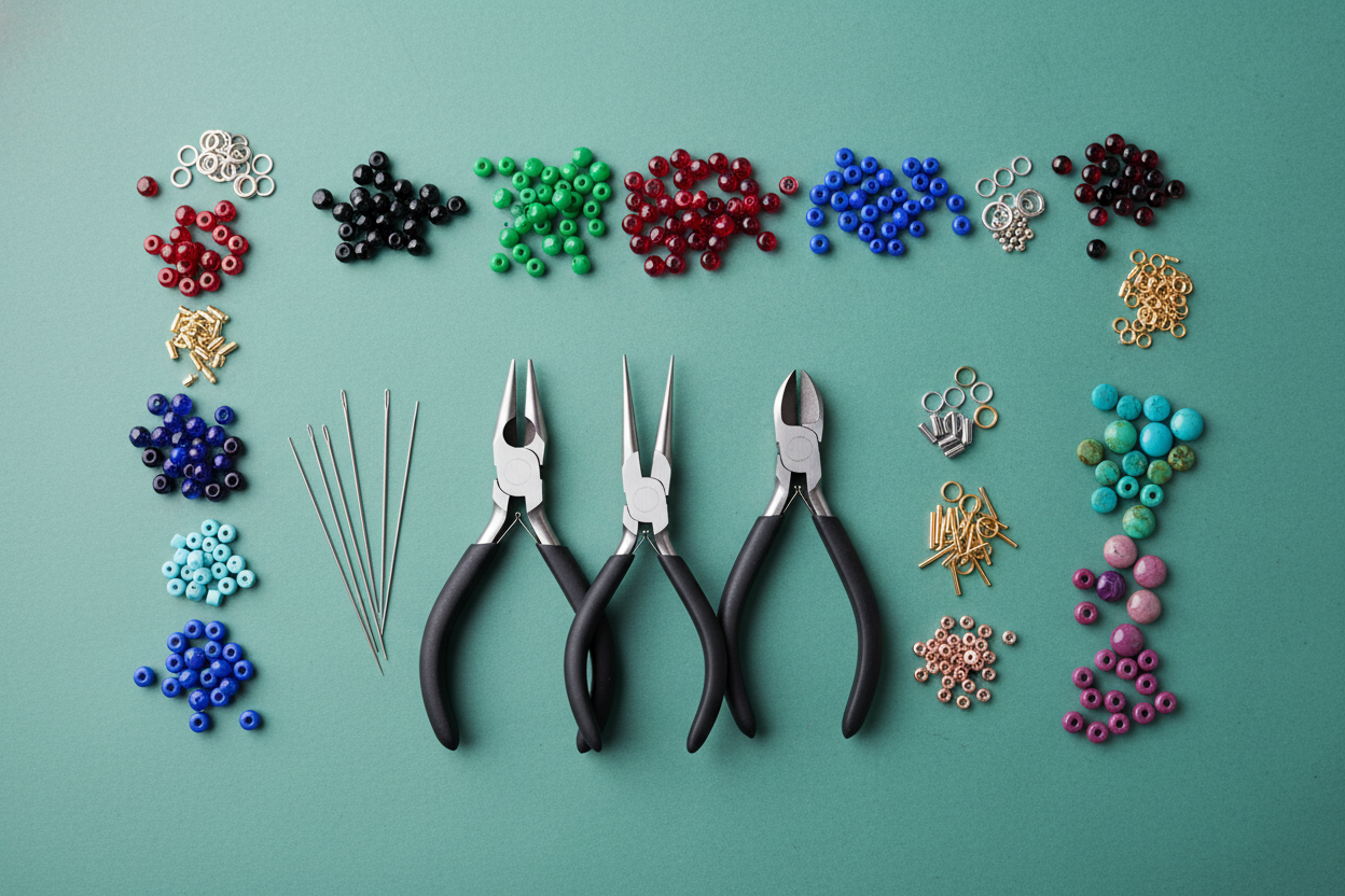 jewlery making tools and beads with grrenish blue background