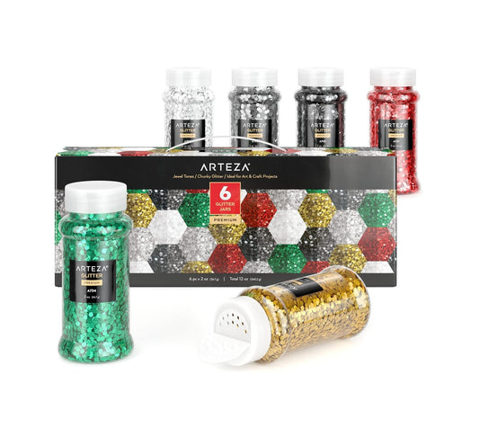 Arteza Chunky Glitter Set, 6 x 2-oz Bottles, Jewel-Toned Glitter