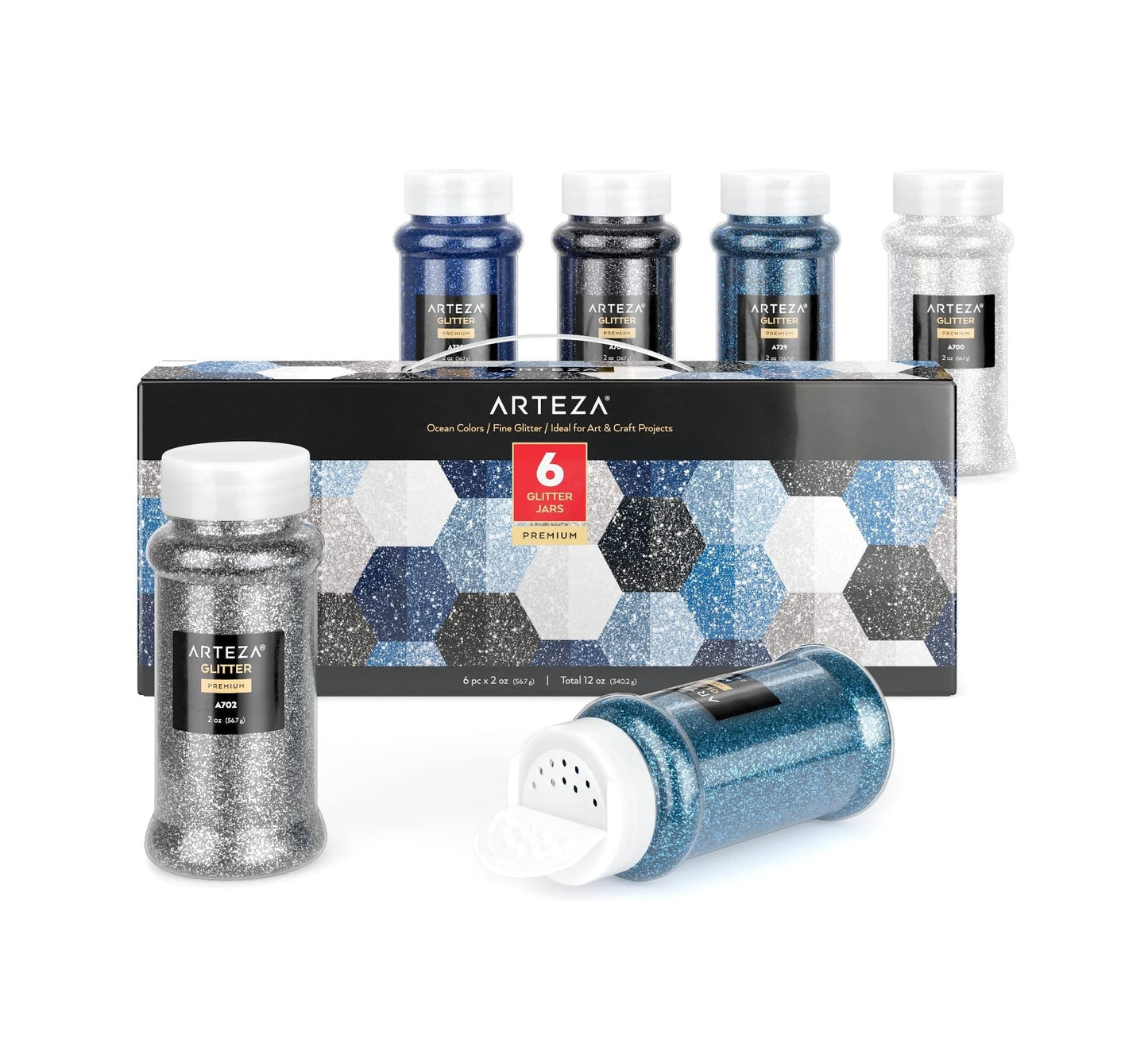 Arteza Fine Glitter Set, 6 x 2-oz Bottles, Ocean-Toned Glitter